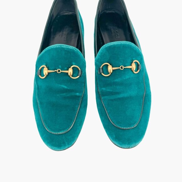 Gucci Jordaan Horsebit Loafer EU 37 US 7 Teal Velvet Flat Buckle Shoe Green Blue - Picture 3 of 12